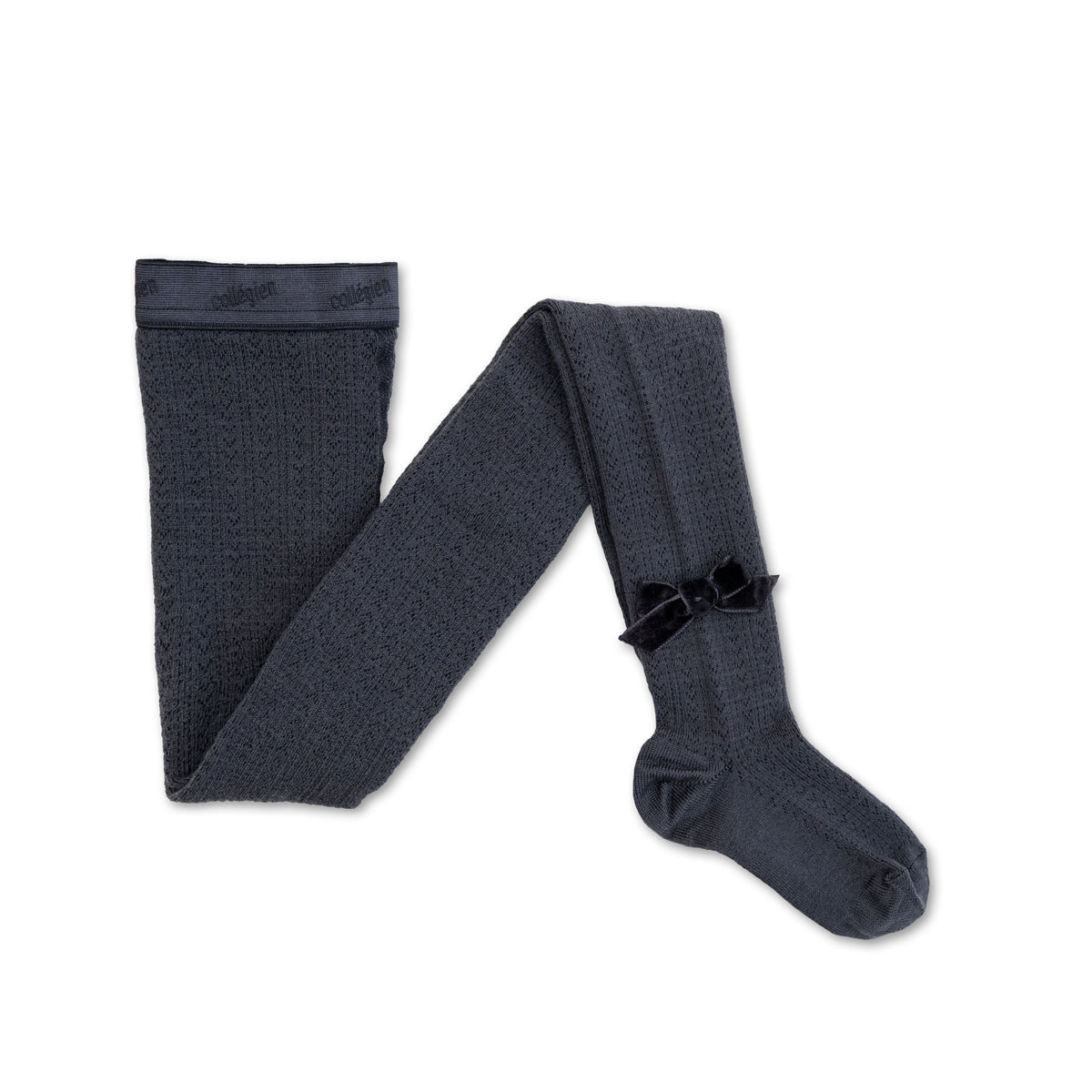 Collégien-Quitterie  Pointelle Merino Wool Tights with Velvet Bow Pierre de Volvic