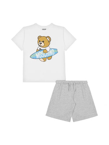 BOYS 2PC SET MAXI TEE AND SHORTS WITH SURF BEAR-WHT GRY