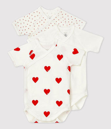 BABIES' HEART PATTERNED WRAPOVER SHORT-SLEEVED COTTON BODYSUITS - PACK OF 3