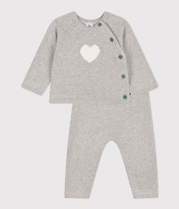 BABIES' WOOL/COTTON HEART PATTERNED KNIT 2-PIECE OUTFIT BELUGA grey/MARSHMALLOW white