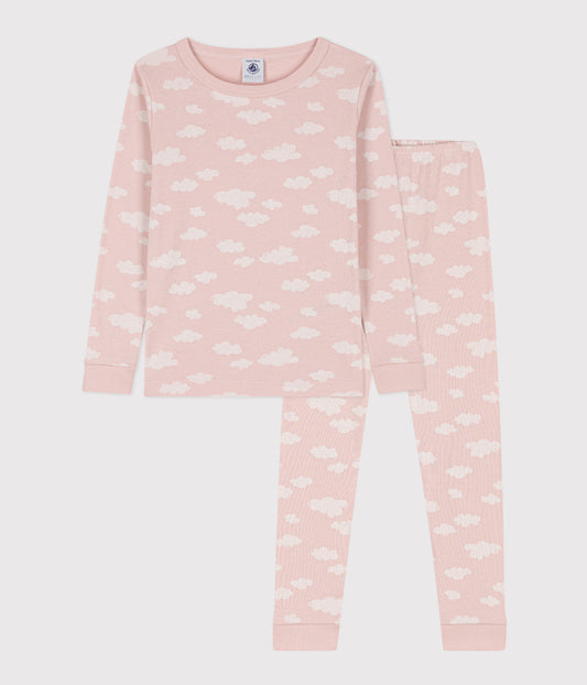 GIRLS' SNUGFIT COTTON PYJAMAS SALINE/MARSHMALLOW