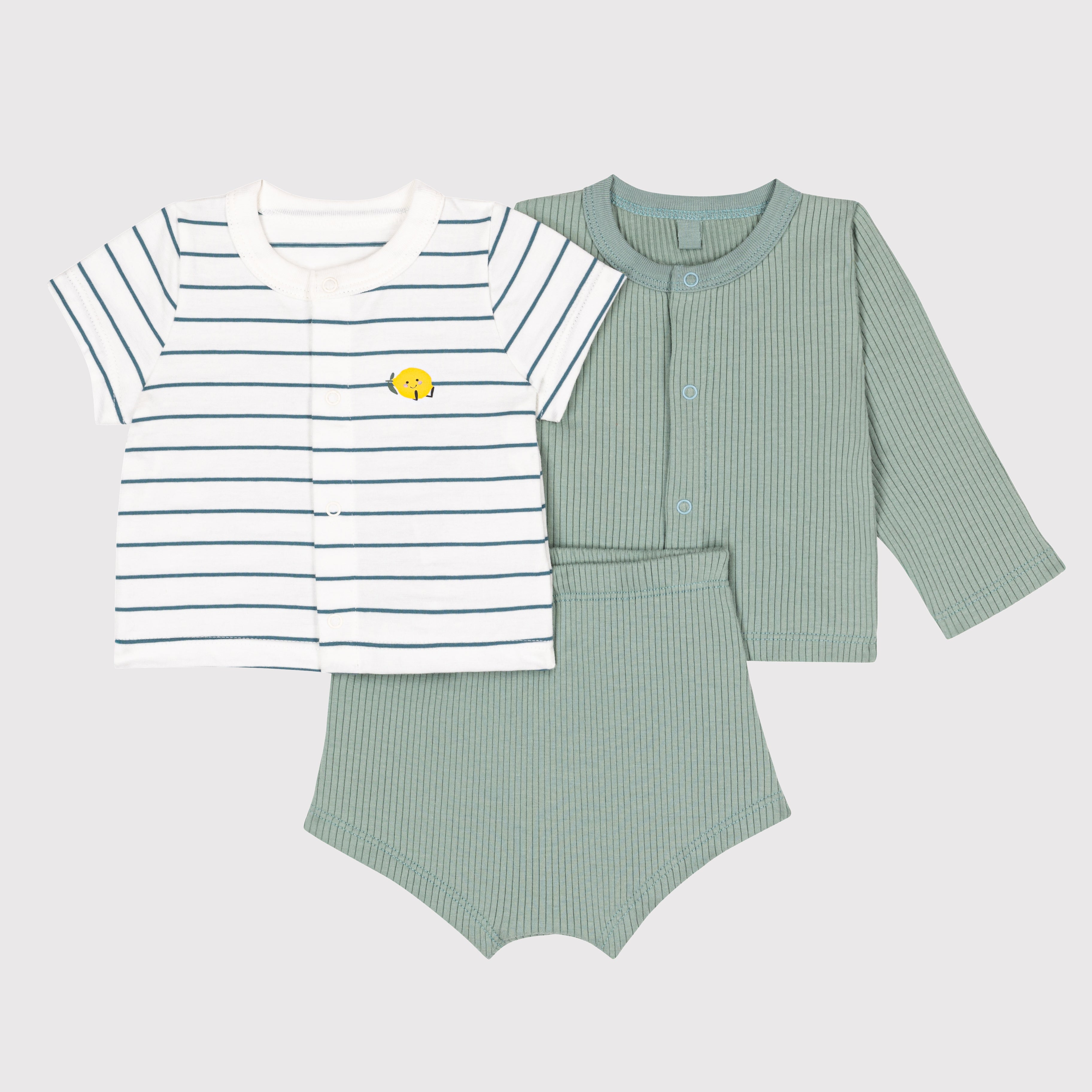 PETIT BATEAU-Baby Boys Green Cotton Pajamas Set（3 Pack）