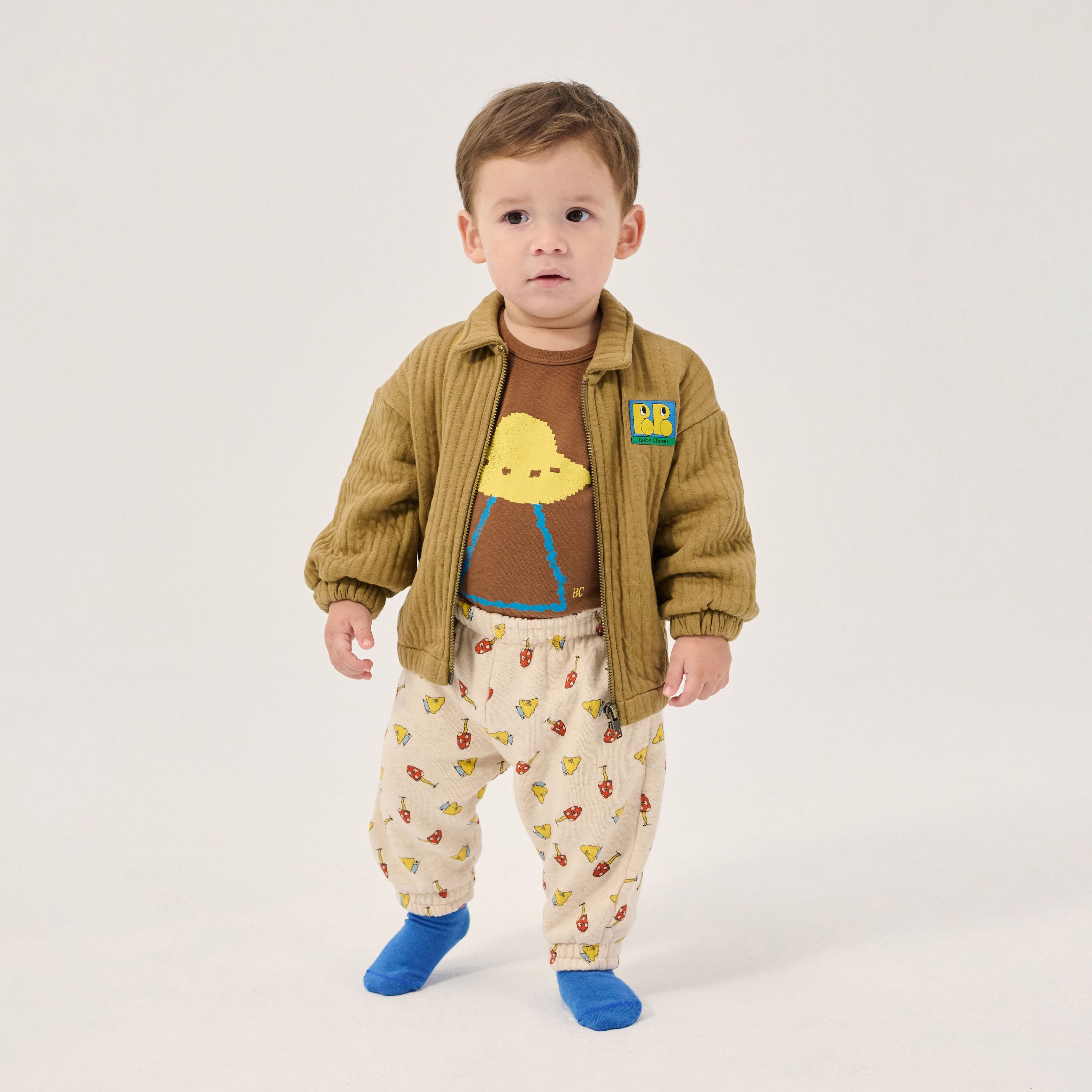 Bobo Choses-Baby Booo Bo Choses Tag Quilted Zipped Sweatshirt Khaki