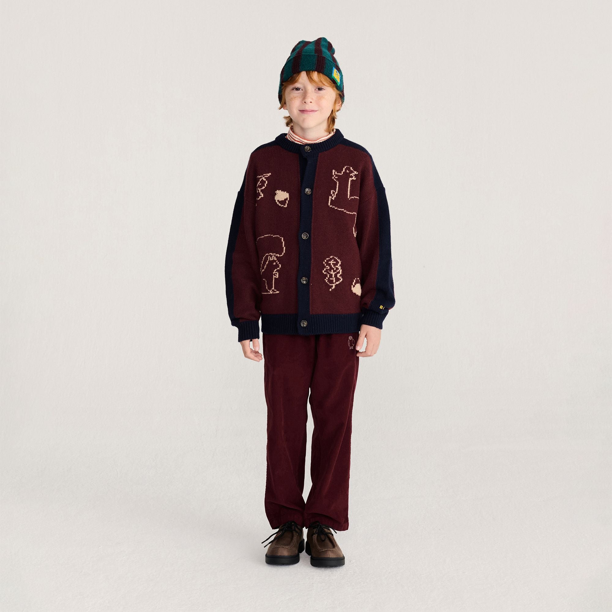 Bobo Choses-Kids Curious Owl Corduroy Pleated Pants Burgundy Red