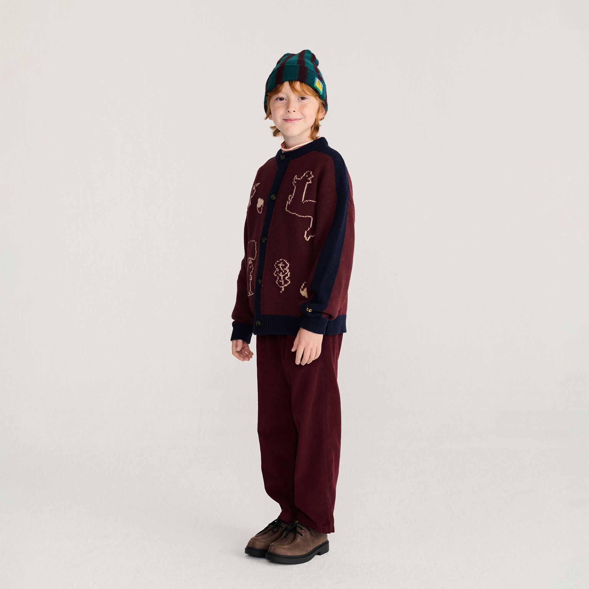 Bobo Choses-Kids Curious Owl Corduroy Pleated Pants Burgundy Red