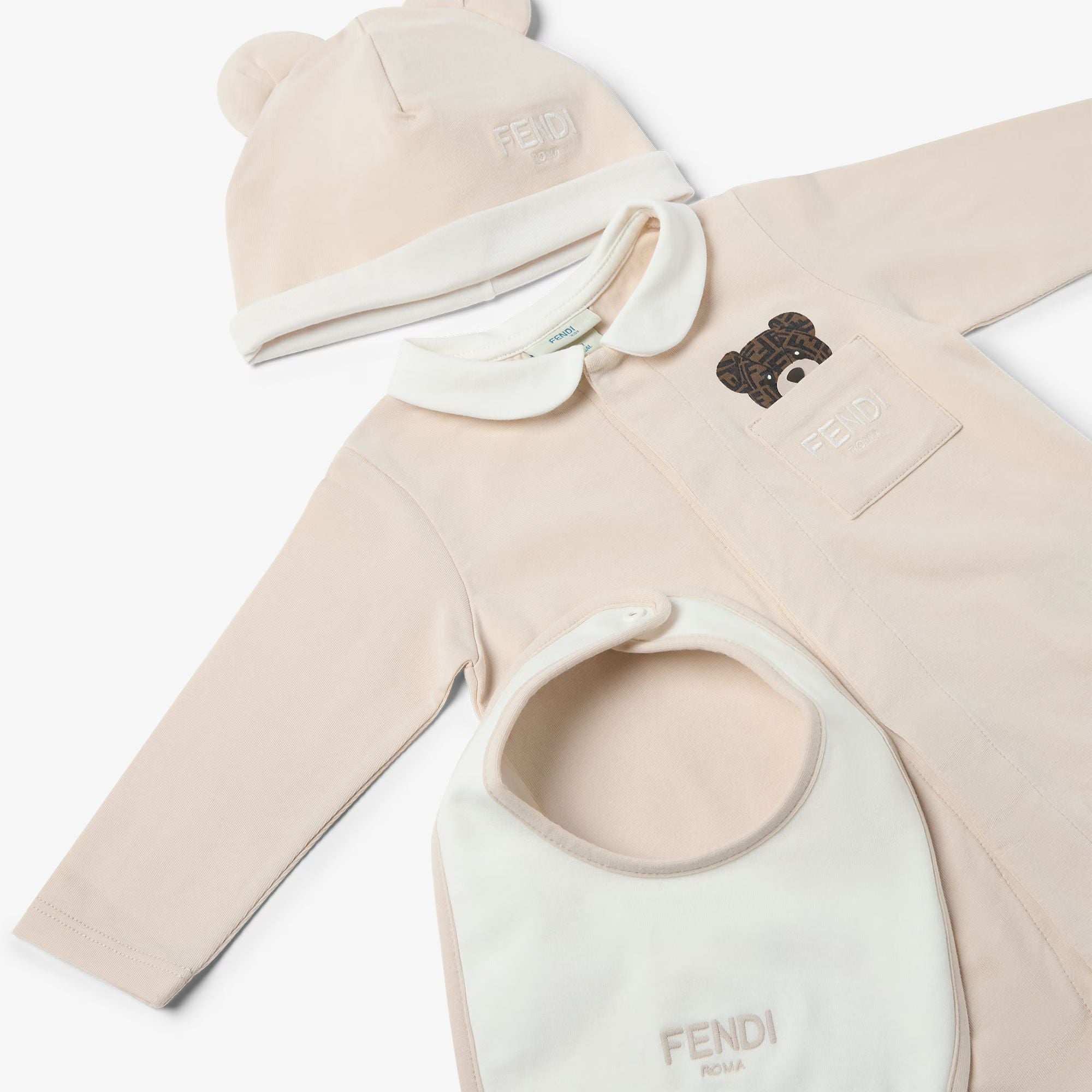 Fendi-Babygrow Hat Bib Set Beige