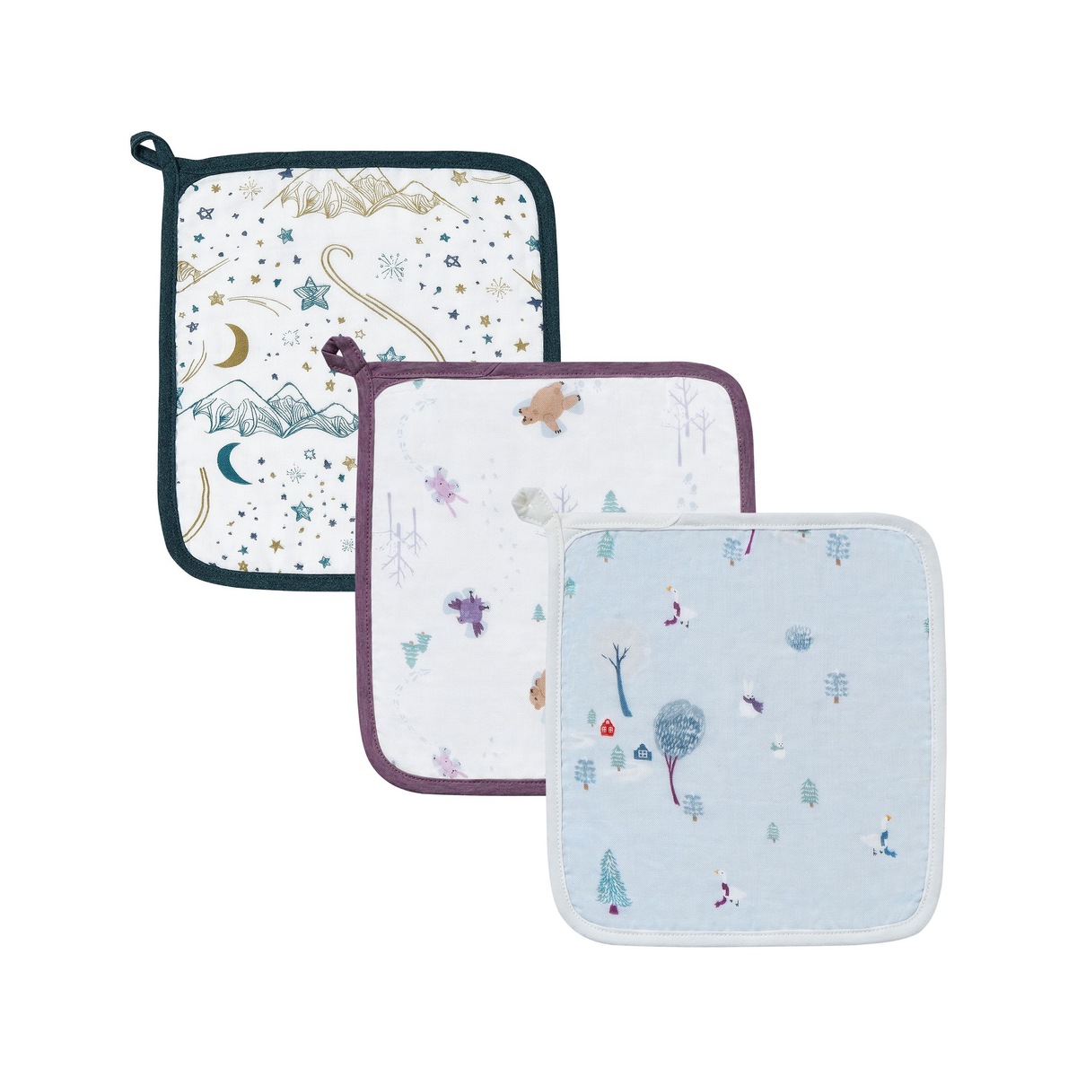 Nest Designs-4-Layer Baby Washcloth Set (3 Pack) - 25cm x 23cm Snowy Snuggles+Snow Angels+Stars White