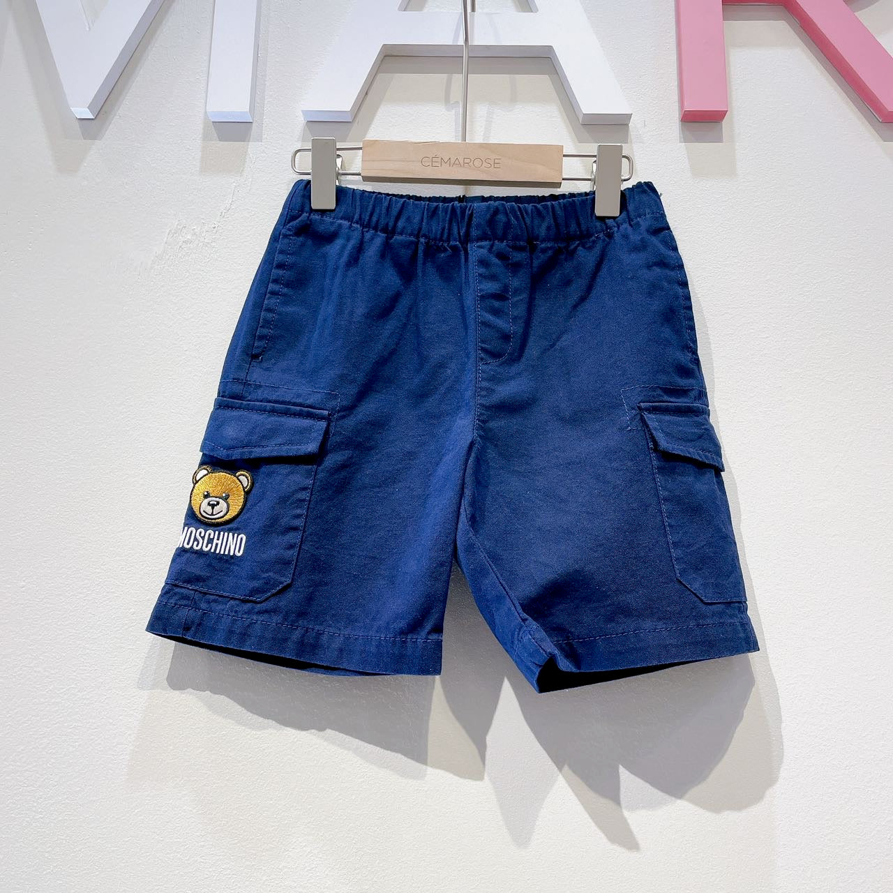 BOY CARGO SHORT WITH BEAR PATCH-BLUE NAVY