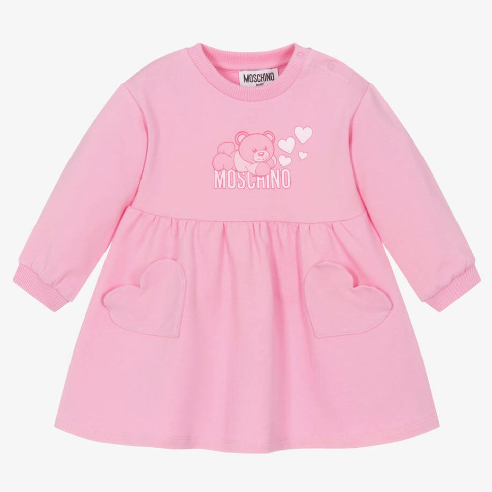 GIRL LS DRESS WITH HEART POCKETS AND BEAR PRINT-BGN PINK