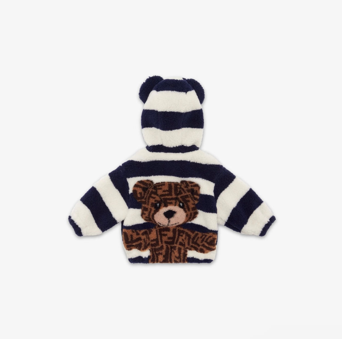 BABY STRIPED FUZZY HOODED ZIP UP SWEATSHIRT W BEAR