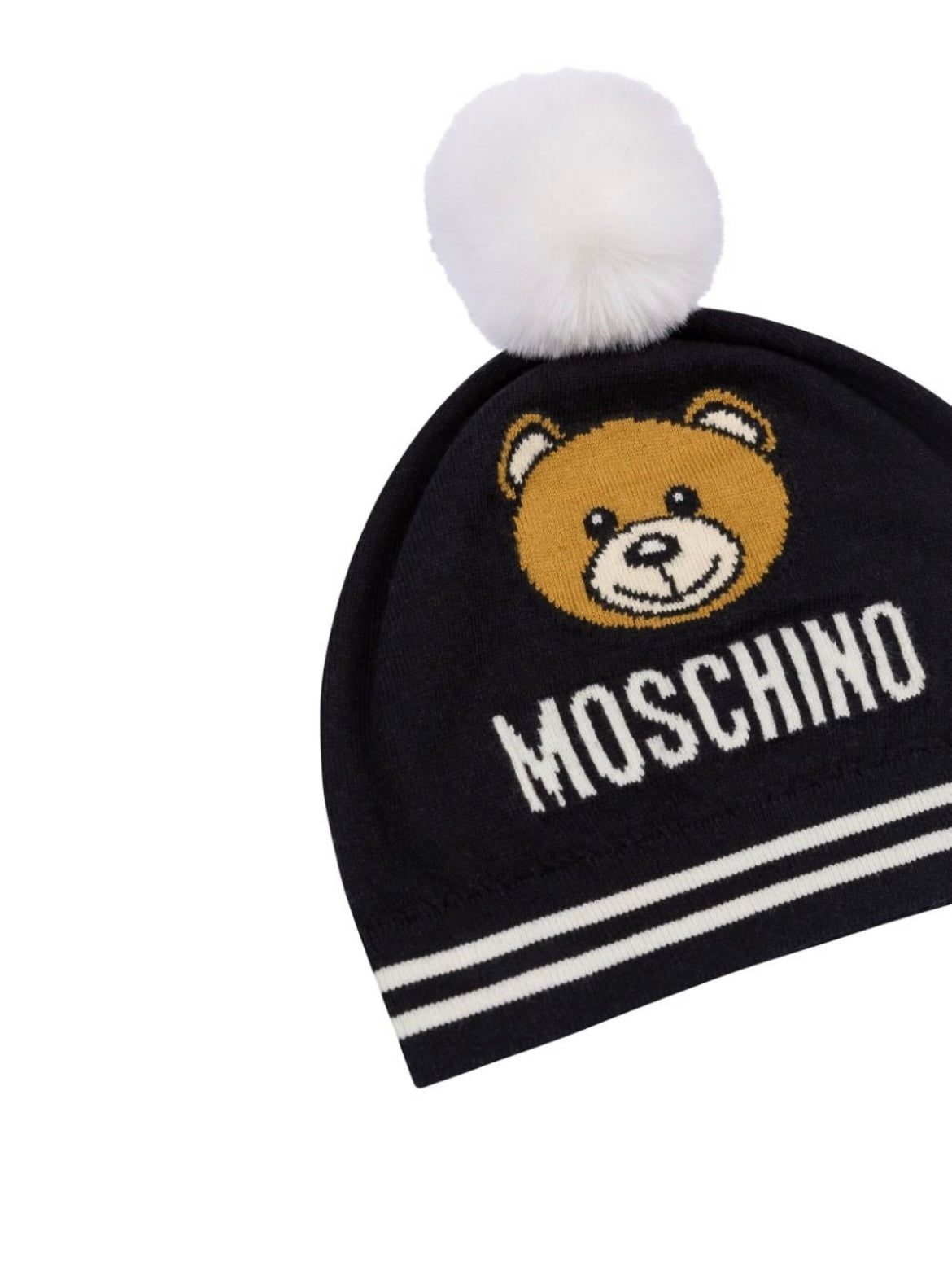 KNITTED HAT WITH POM POM AND BEAR LOGO-BLACK