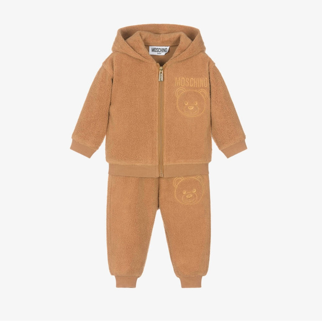 BABY HOODED FUZZY SWEATSUIT WITH BEAR EMBROIDERY