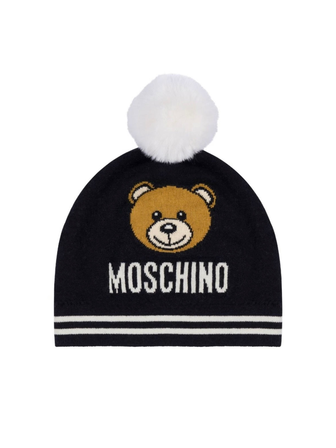 KNITTED HAT WITH POM POM AND BEAR LOGO-BLACK