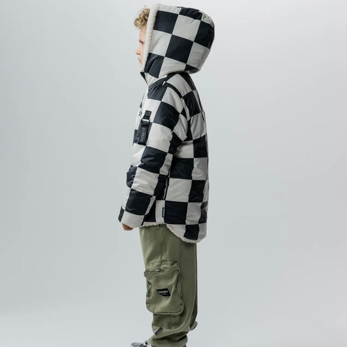 REVERSIBLE CHECKMATE DOWN JACKET SMOKEY NATURAL