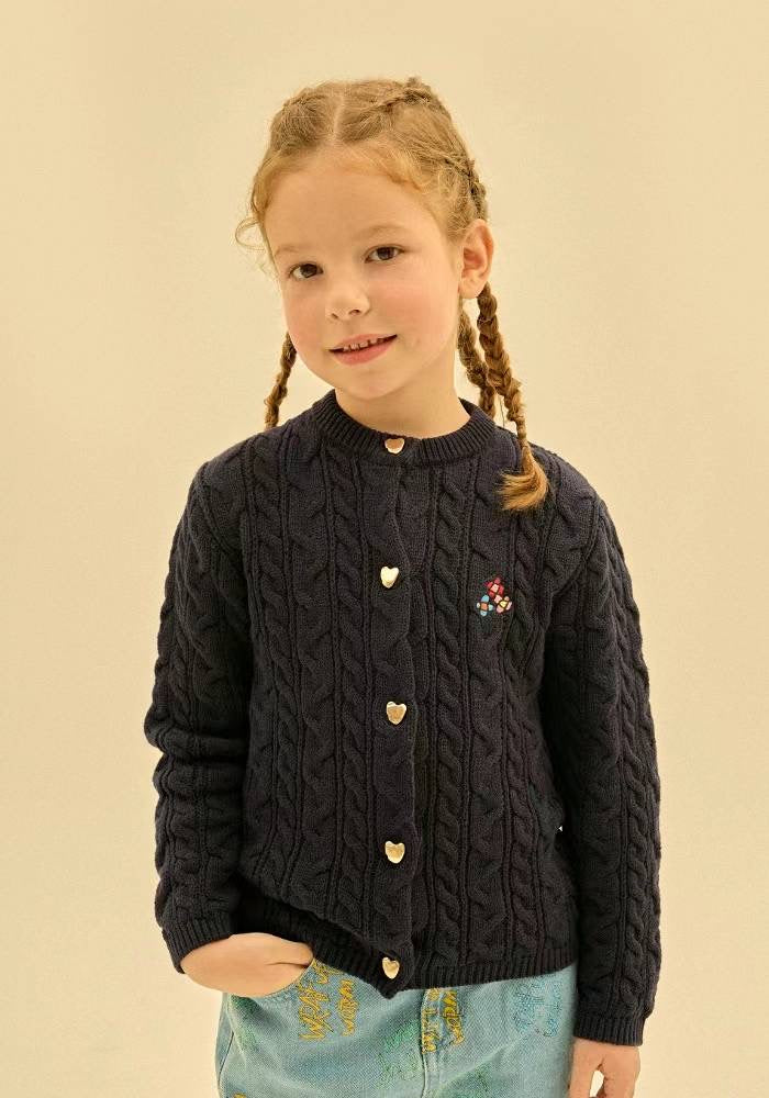 Flower Cable Cardigan-Navy