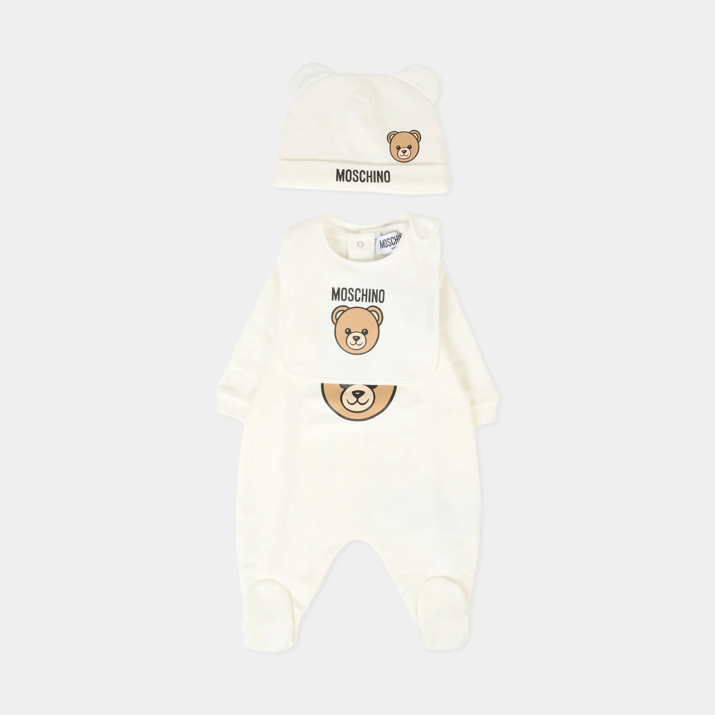 Moschino-Baby Teddy Bear cotton plush romper, hat and bib set