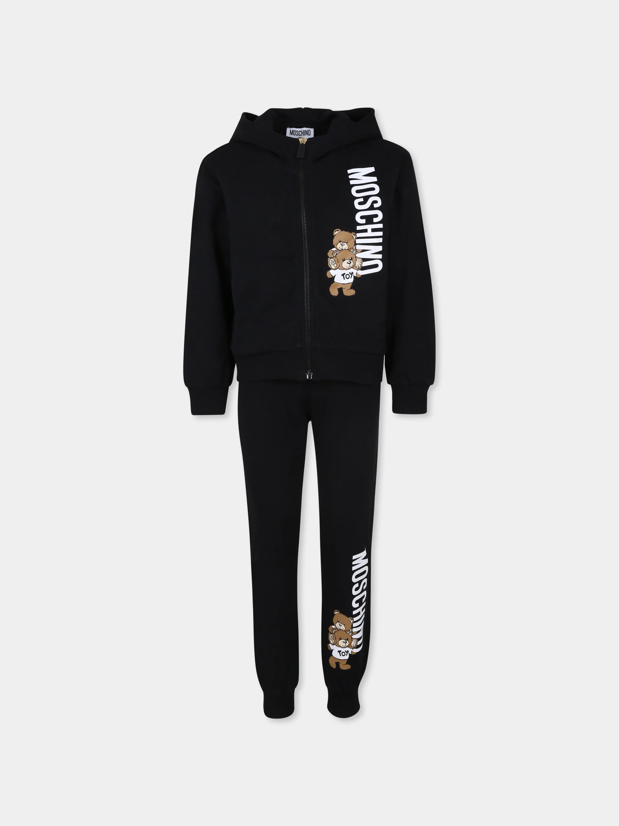 ZIP UP HOODED SWEATSUIT WITH TWO BEARS LOGO PRINT-BLACK