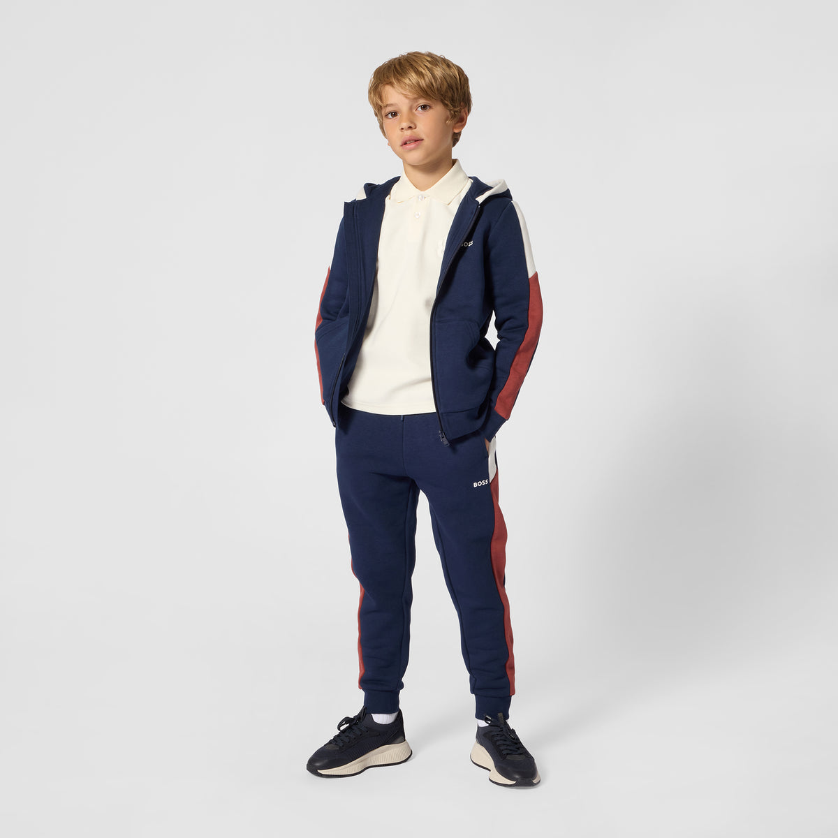 Boss-Hooded Jogging Cardigan In Brushed Fleece With Color Blocks Navy