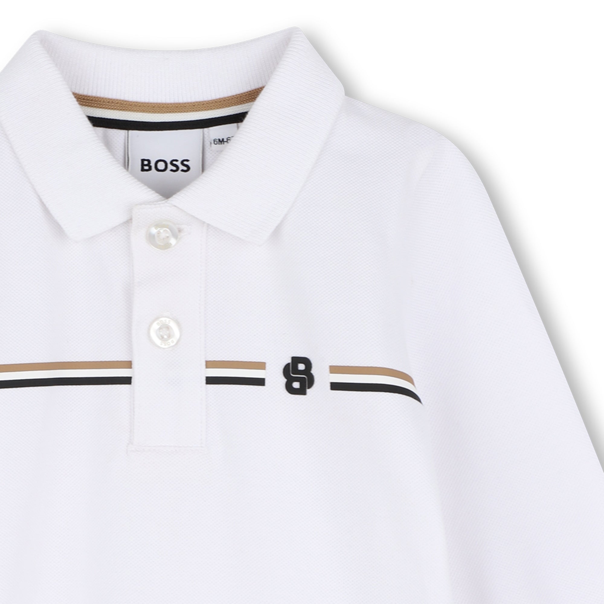 Boss-LS Pique Polo W/ Iconic Stripe Across Chest White
