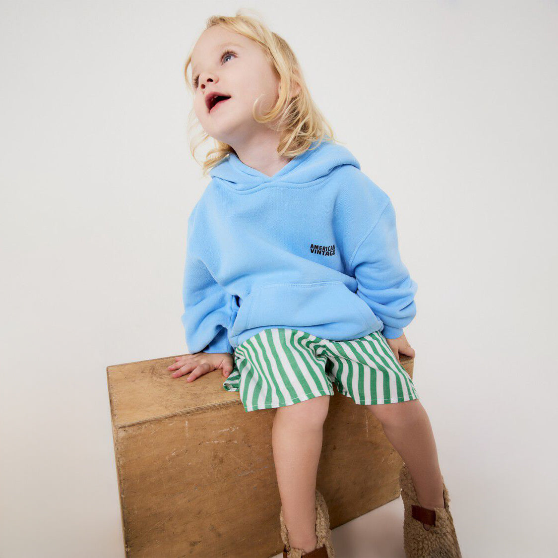 American Vintage-Kids Sweat ML Capuche Bleu Ciel Vintage
