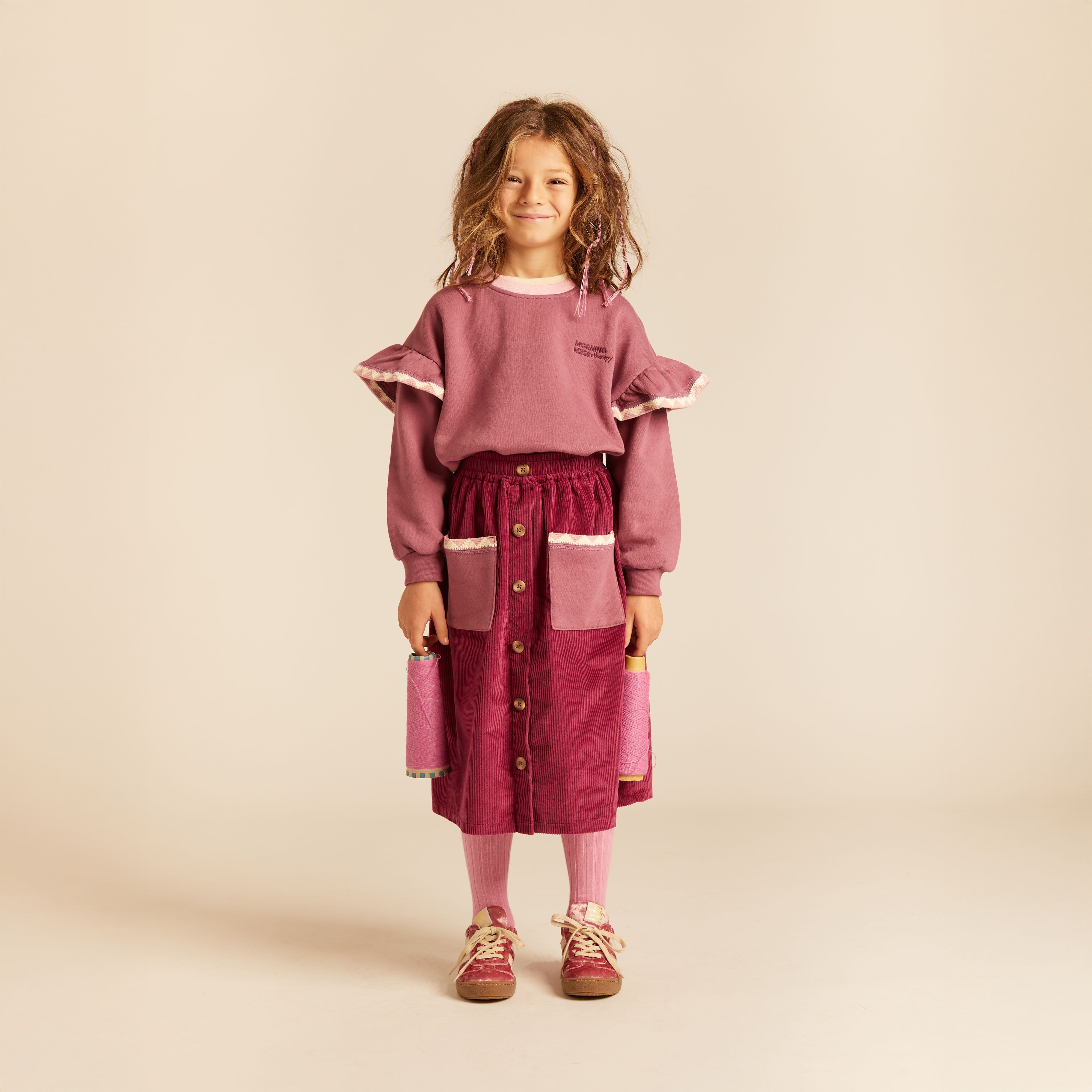 Morning Mess Therapy-Girls Scarlett Midi Skirt Organic Cotton Magenta Corduro