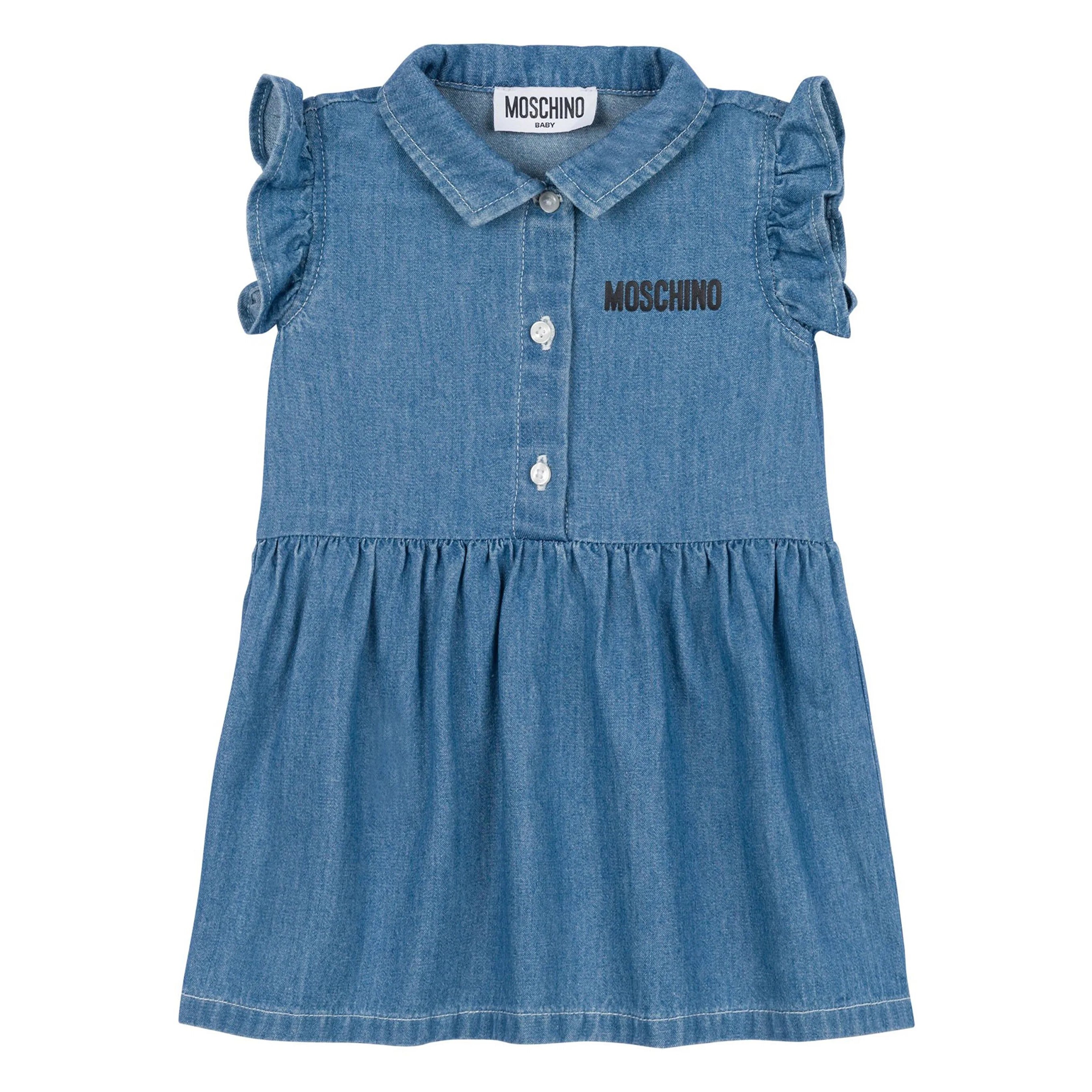 Moschino-BABY CHAMBRAY HALF BUTTON UP SS DRESS W PRINT