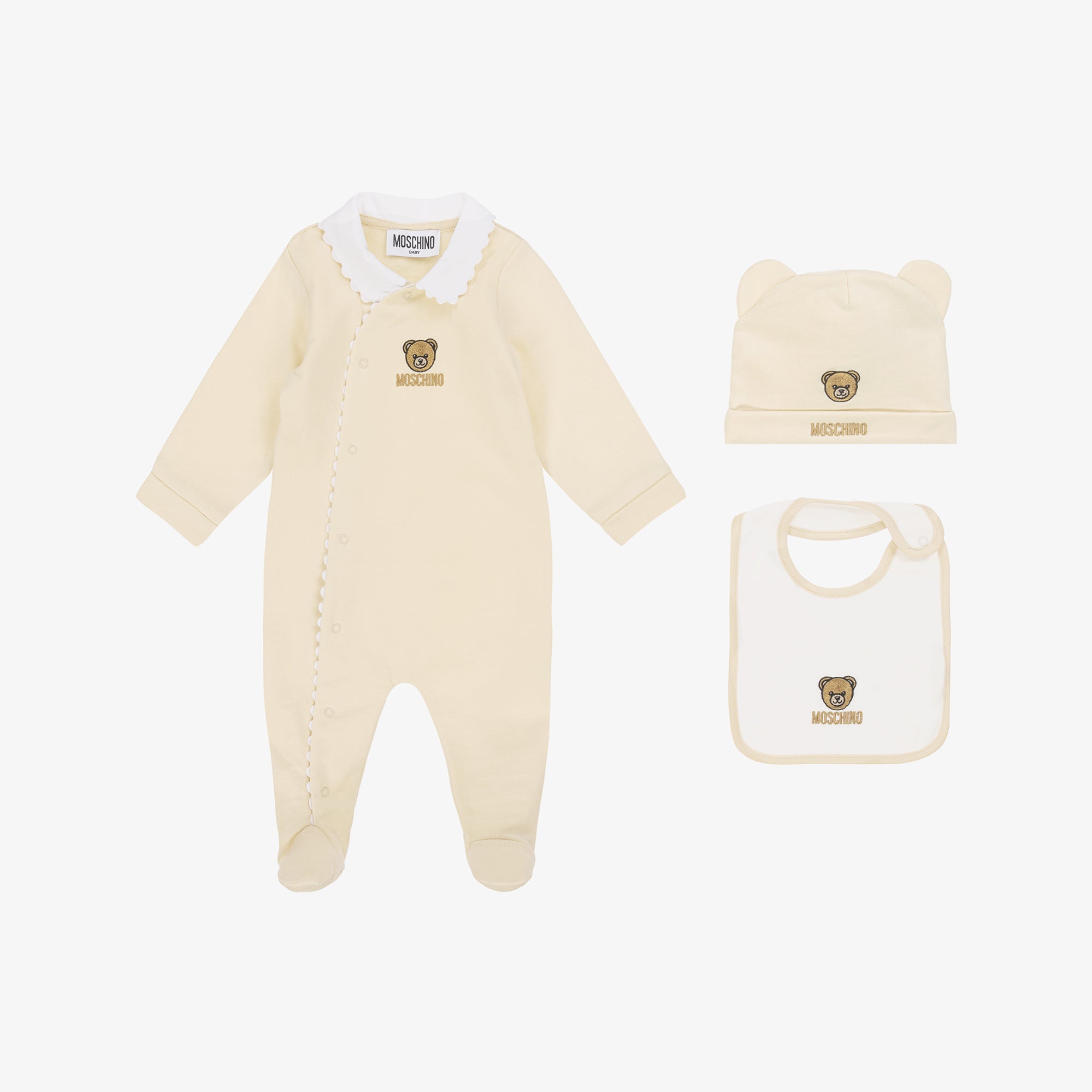 Moschino-Babygrow Bib+Hat Set Beige