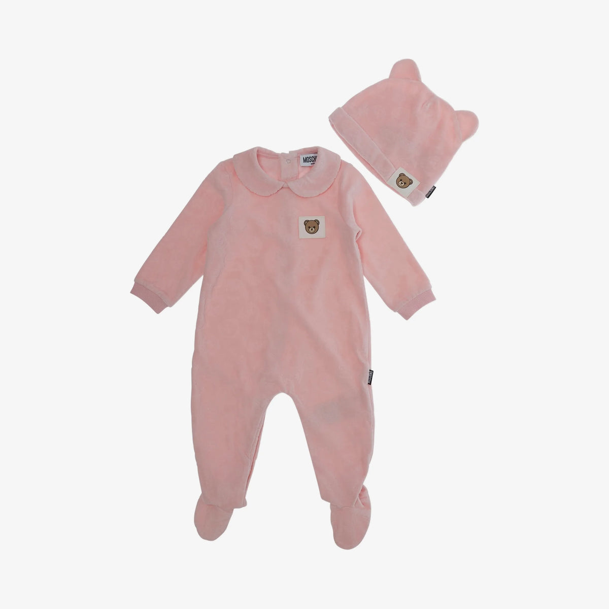 Moschino-Baby Velour LS Footie And Hat Gift Set Sgr Rose