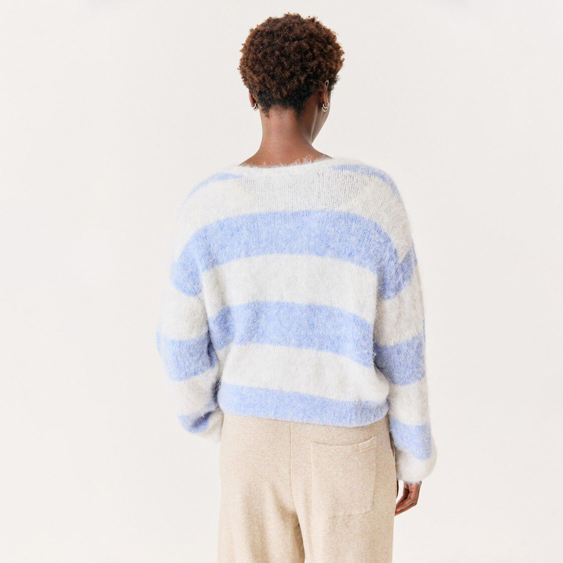 American Vintage-Women Pull ML Col Rond Niby Rayures Givre