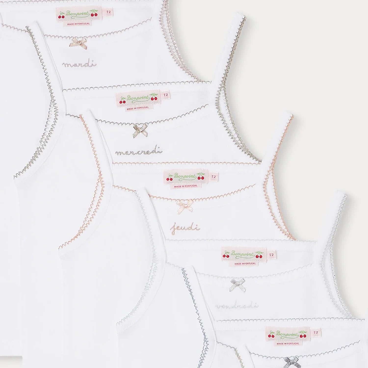 Bonpoint-Girls White Embroidery Logo Cotton Vest Set(7 Pack)