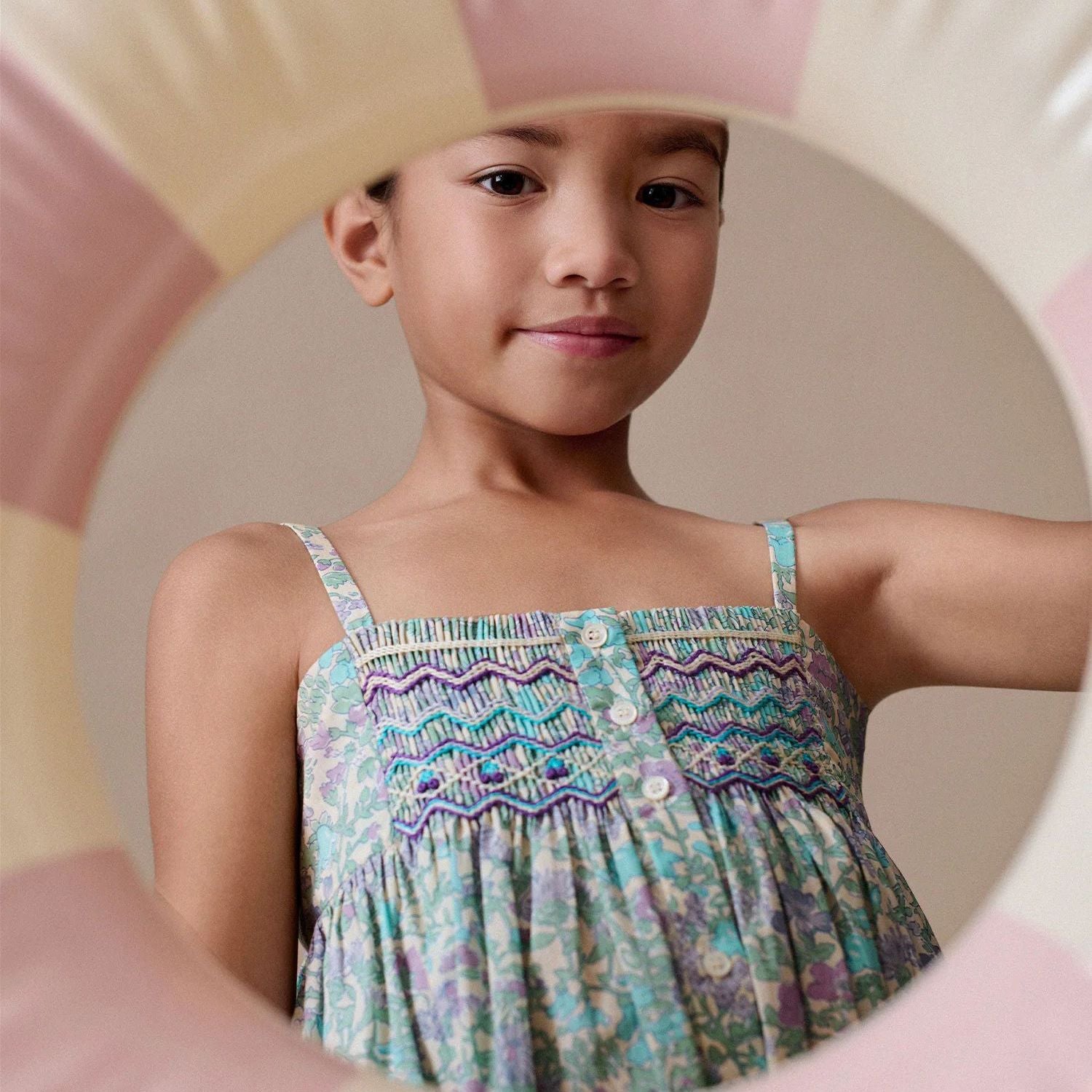 Bonpoint-Passion dress smocked and embroidered in Liberty fabric Parme Clair