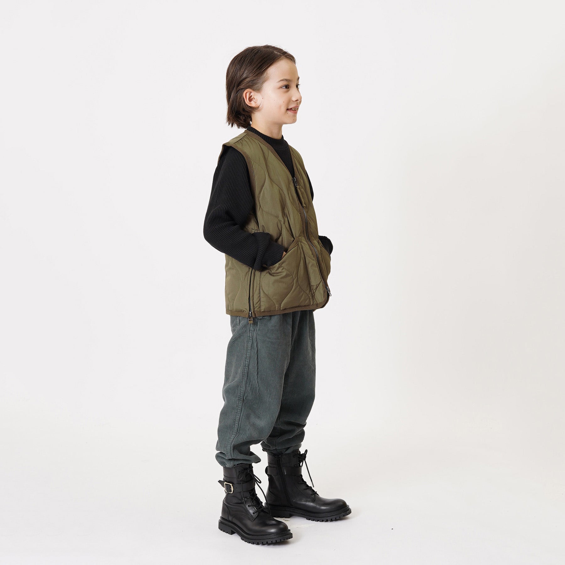 Taion-Kids Military Zip V Neck Down Vest Dark Olive