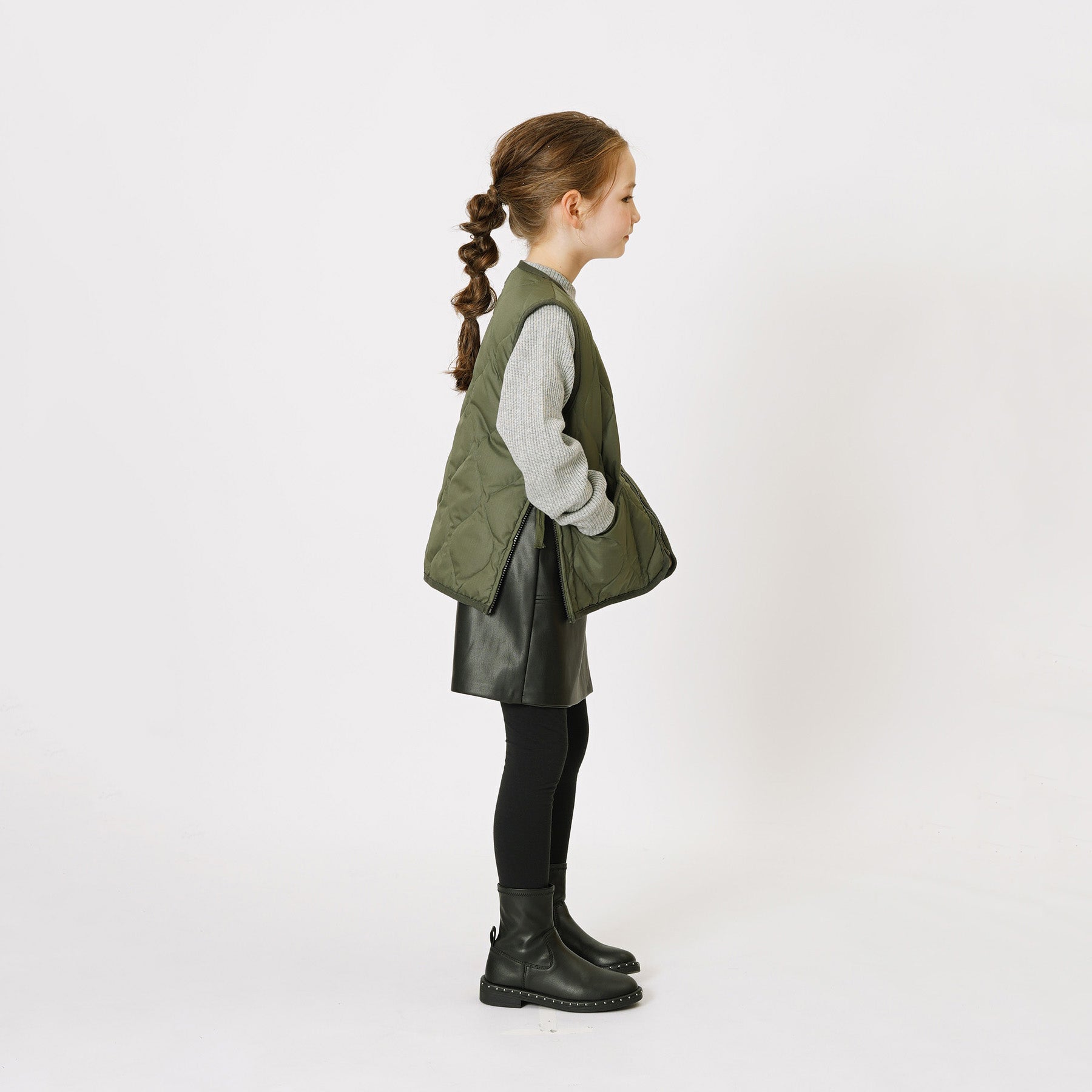 Taion-Kids Military Zip V Neck Down Vest Olive