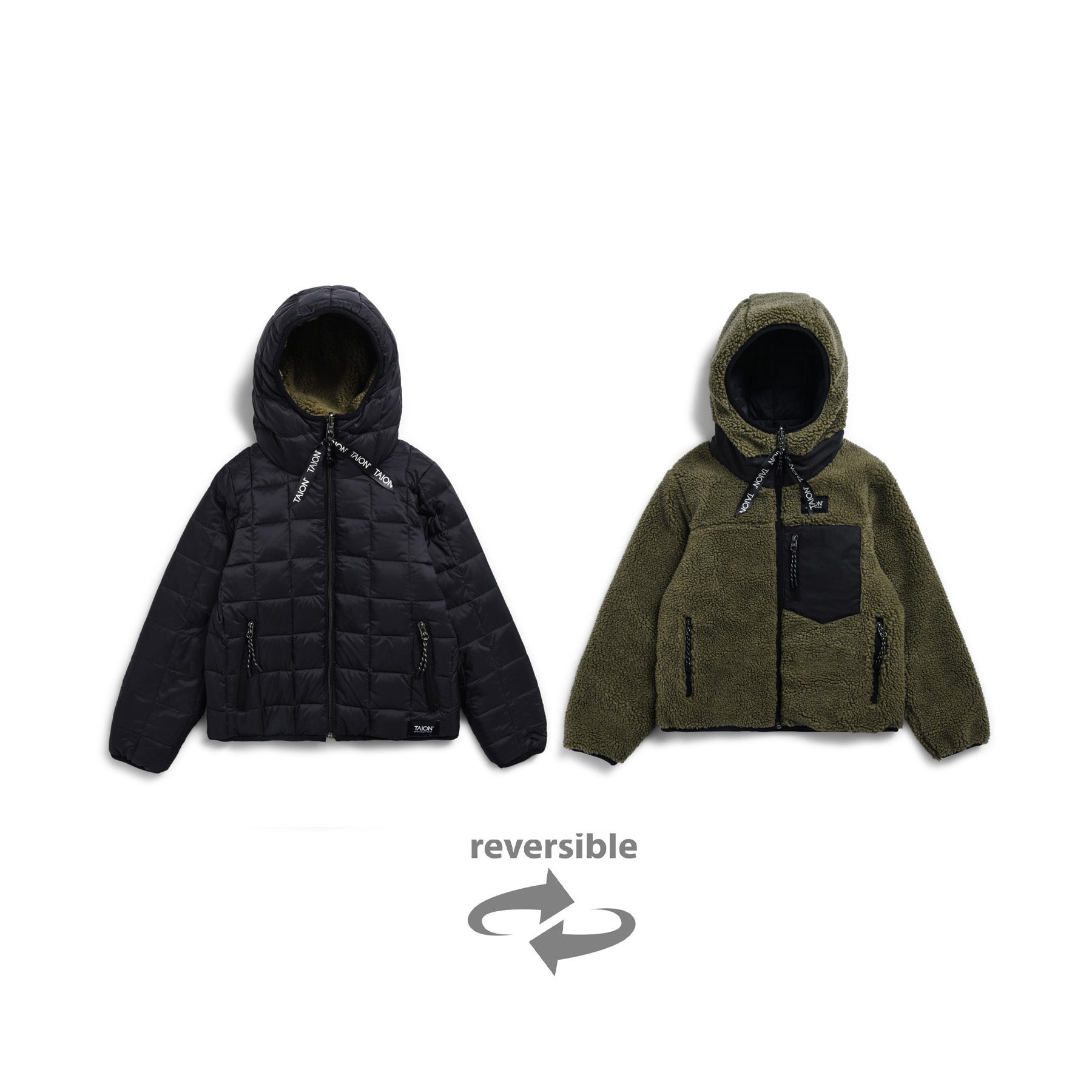 Taion-Kids Reversible "Down×Boa" Hood Jacket Black×Dark Olive