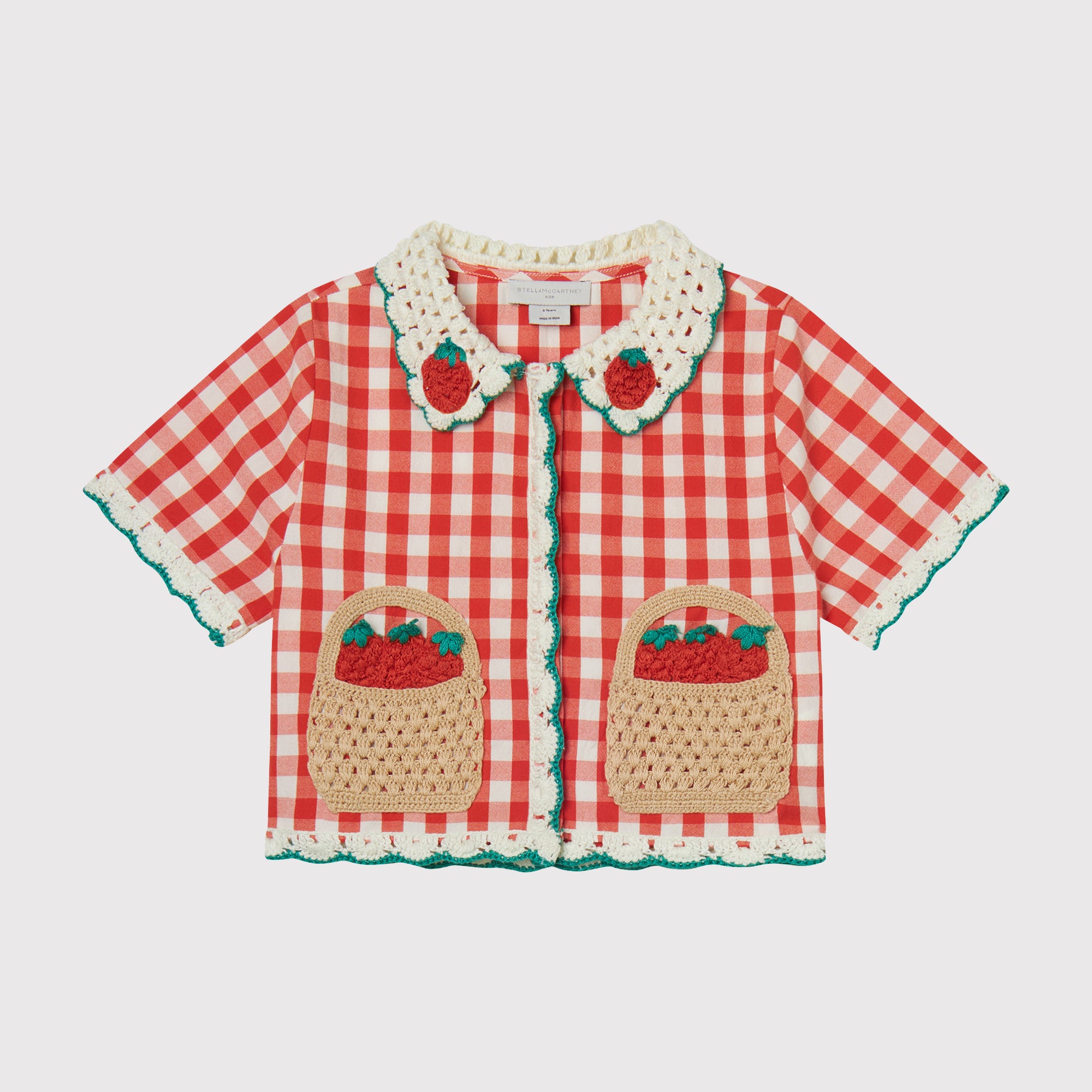 Stella Mccartney Kids-GIRL SS CHECK SHIRT WITH CROCHET STRAWBERRIES BASKE