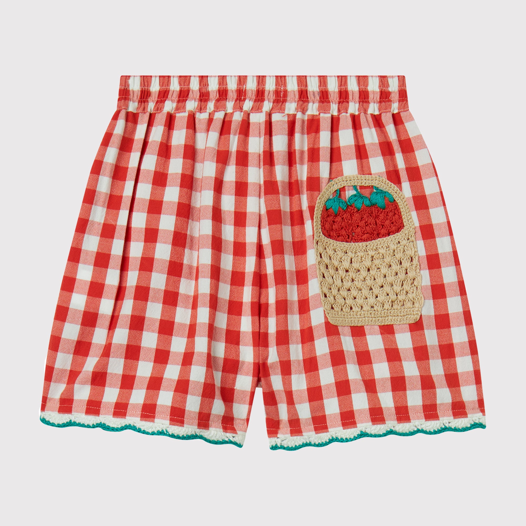 Stella Mccartney Kids-GIRL CHECK SHORTS WITH CROCHET STRAWBERRIES DETAILS