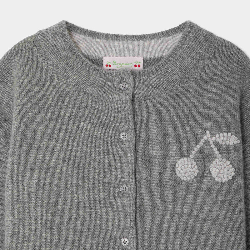 Bonpoint-Judicael Hand-Embroidered Cherry Cardigan In Gray Cashmere