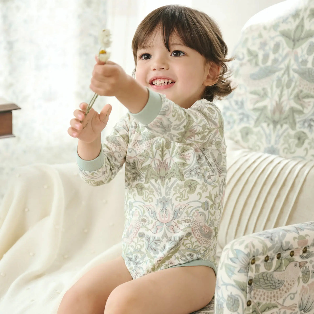 Nest Designs-Long Sleeve Onesie Strawberry Thief Slate Blue