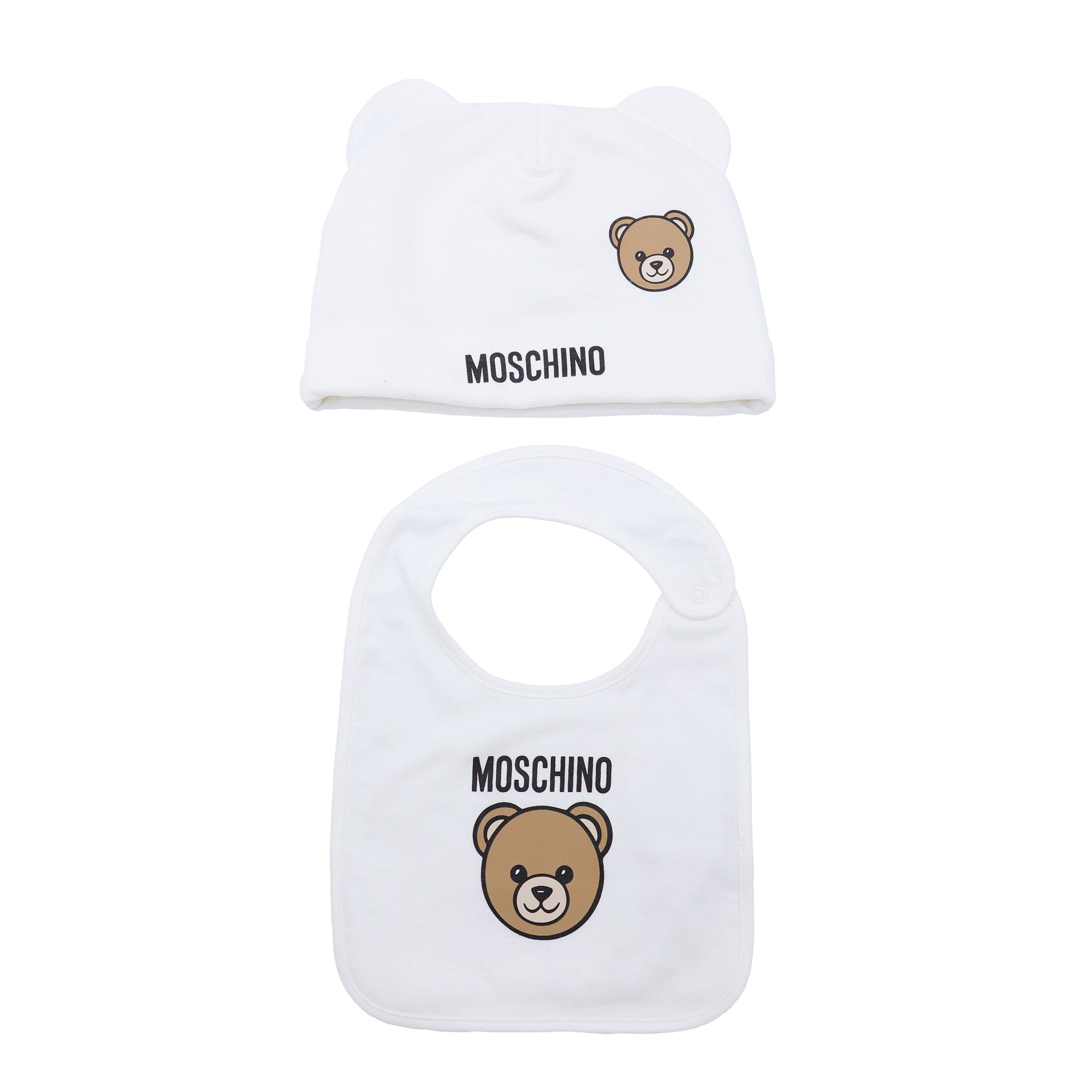 Moschino-Baby White Hat & Bib Set