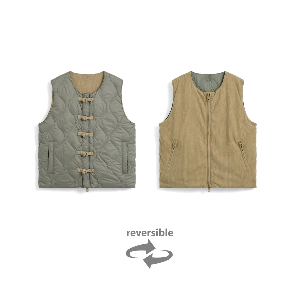 Taion-Kids Reversible China Button  Down Vest D.Sage Green x Beige