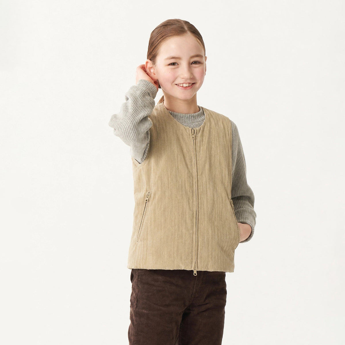 Taion-Kids Reversible China Button  Down Vest D.Sage Green x Beige