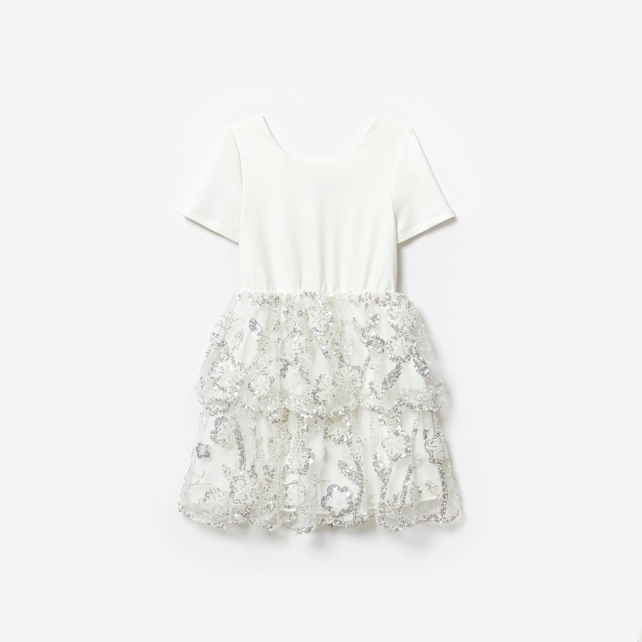 WHITE JERSEY SEQUIN TULLE MINI DRESS