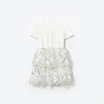 WHITE JERSEY SEQUIN TULLE MINI DRESS