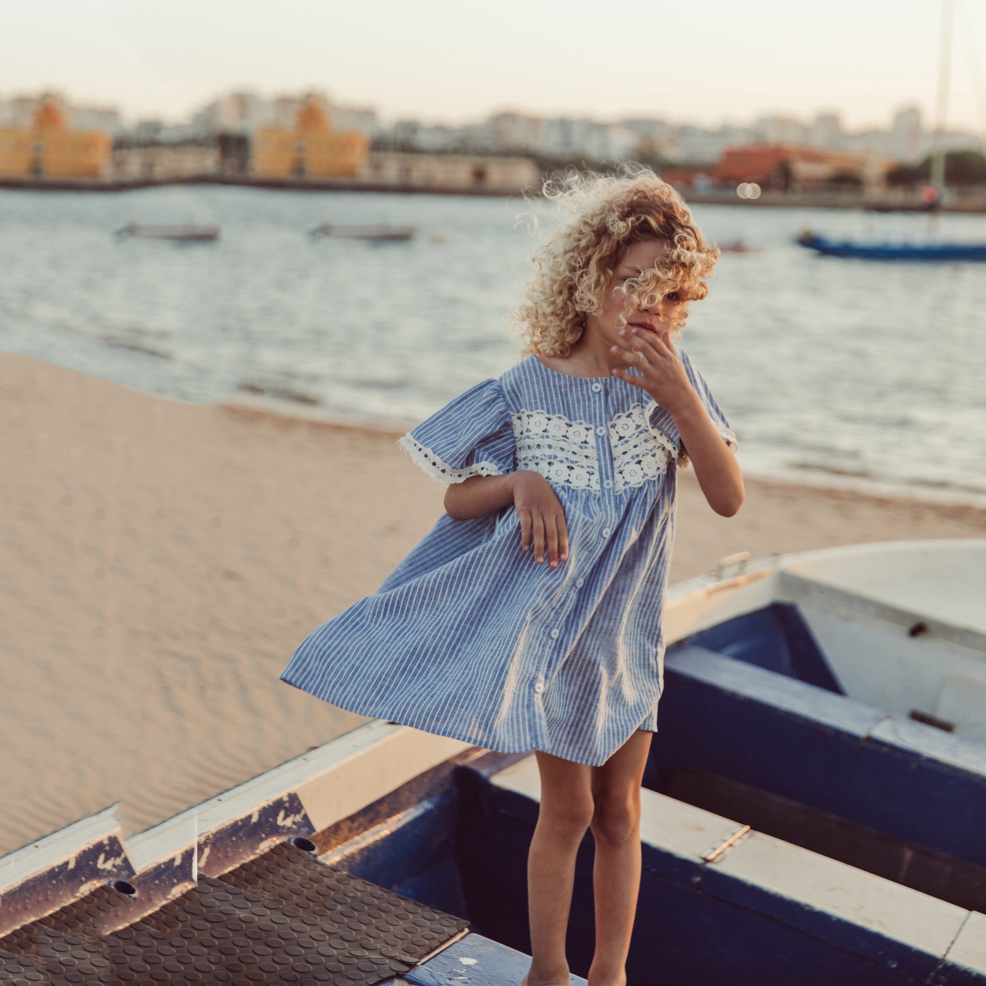 Girls Blue Lace Linen Dress