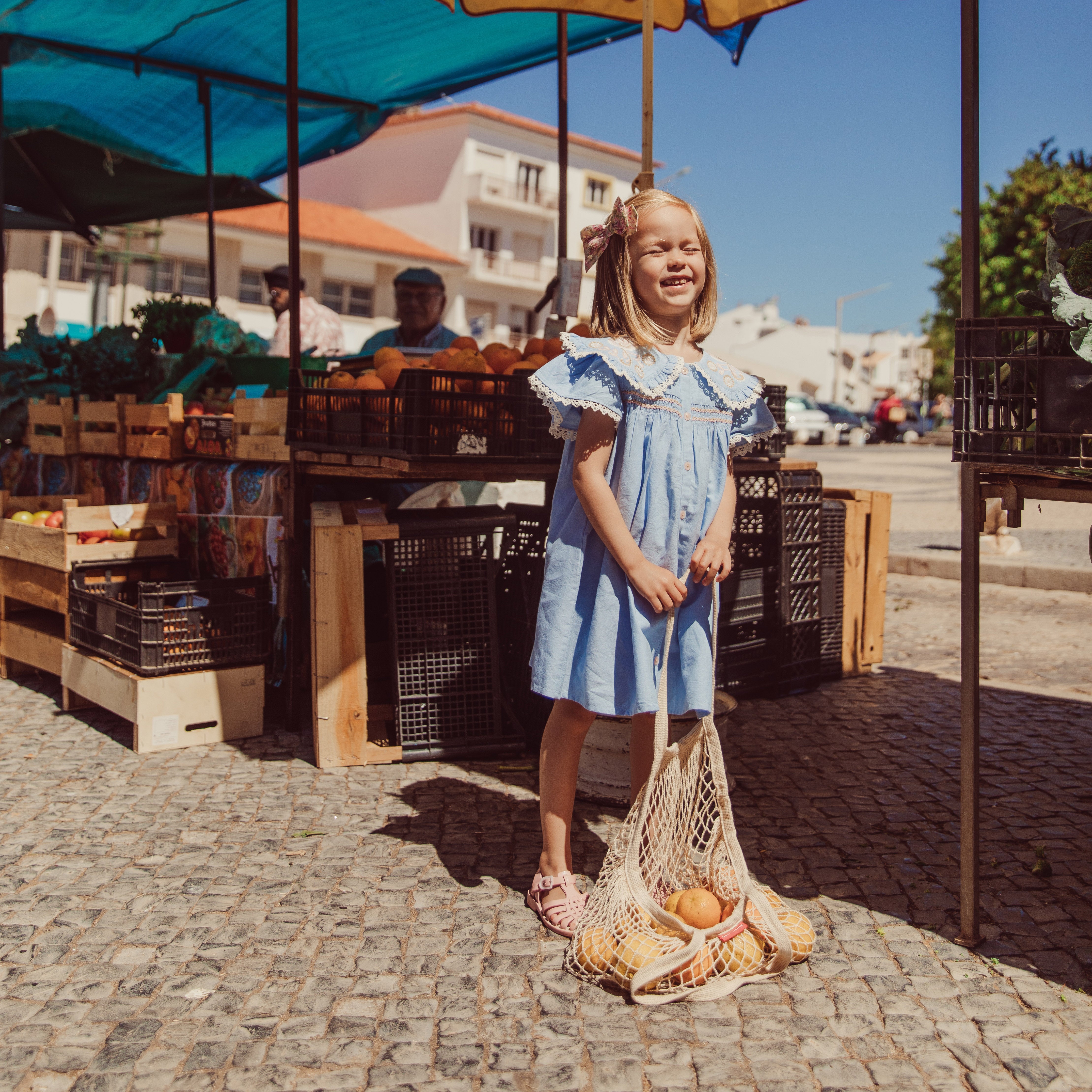 Louise Misha-Girls Light Blue Floral Cotton Dress