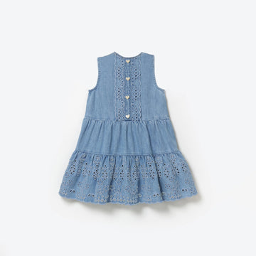 LIGHT WASH DENIM EMBROIDERED MINI DRESS