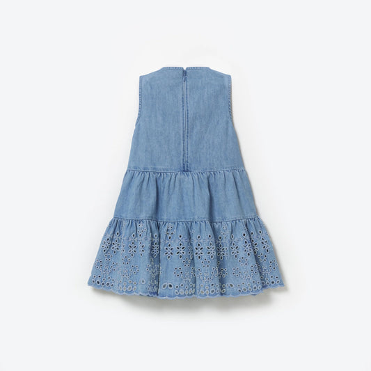 LIGHT WASH DENIM EMBROIDERED MINI DRESS