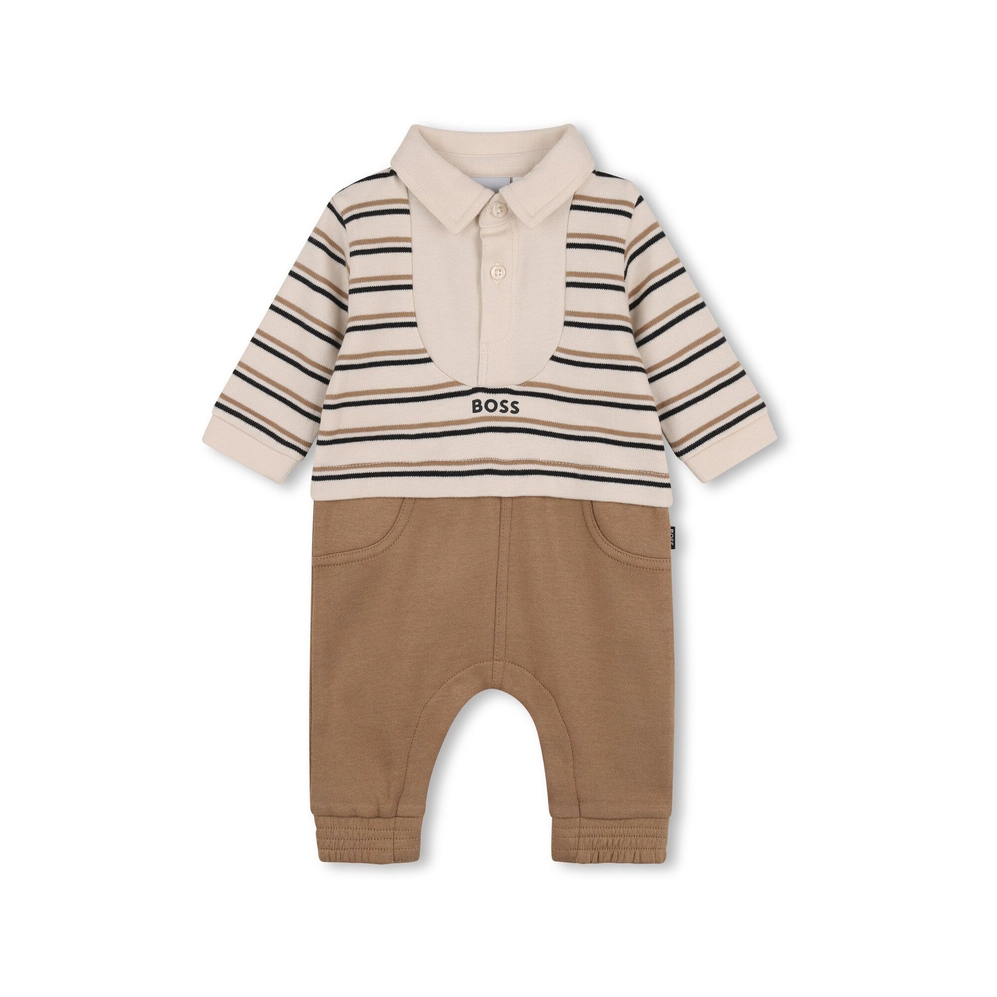 Boss-Ls Striped 2In1 Look Coverall With Polo Collar New Beige