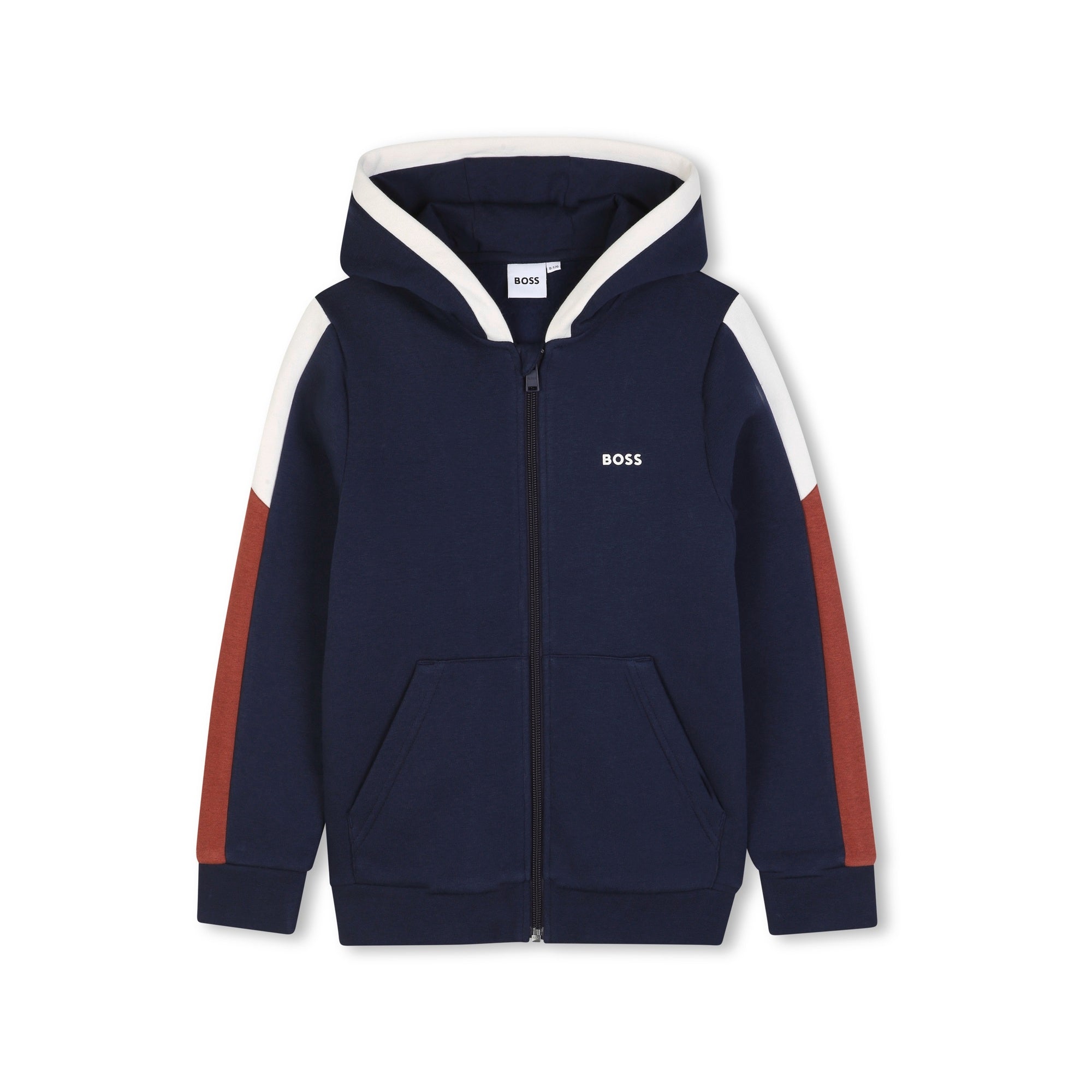 Boss-Hooded Jogging Cardigan In Brushed Fleece With Color Blocks Navy