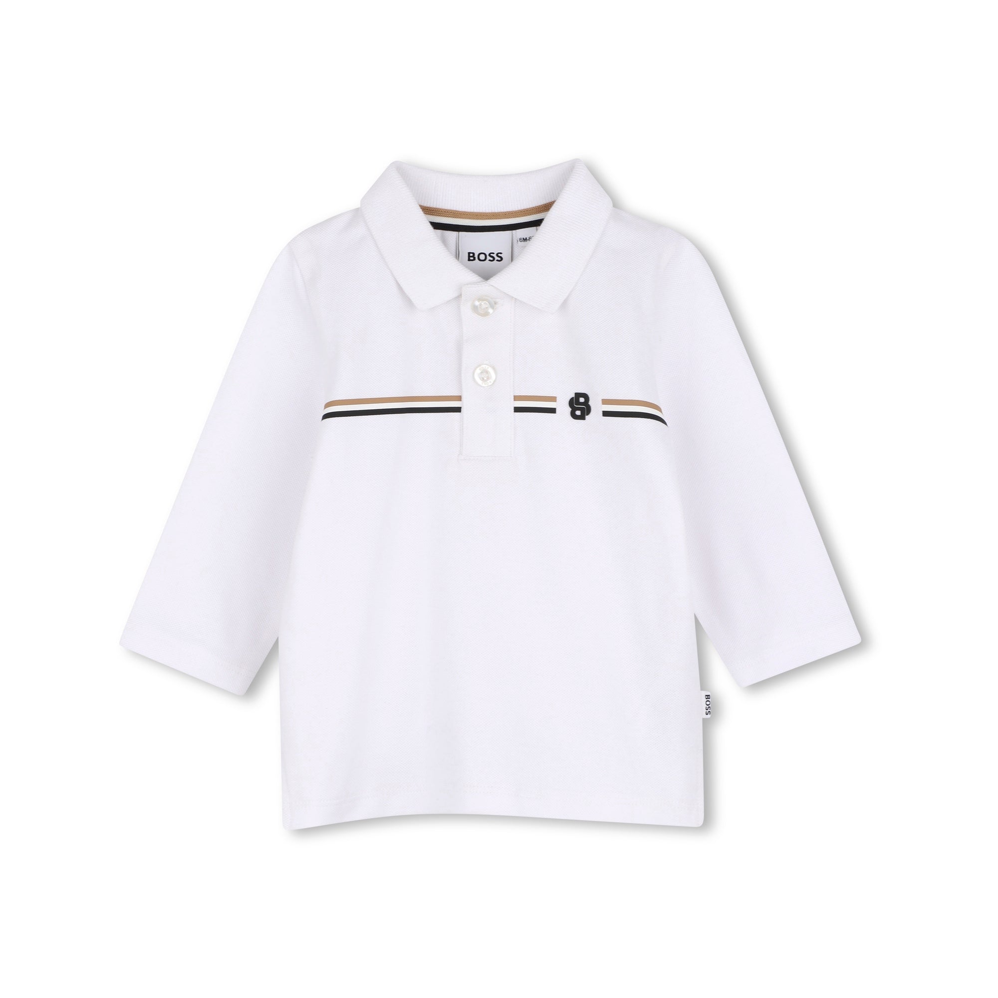 Boss-LS Pique Polo W/ Iconic Stripe Across Chest White